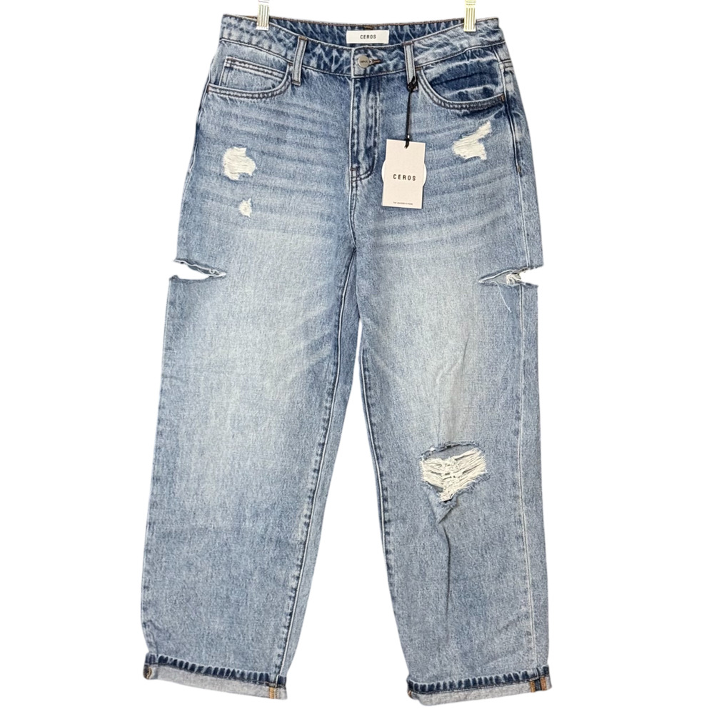 Ceros Women’s High Rise Boyfriend Jeans Light Blue Distressed Size 27 NWT